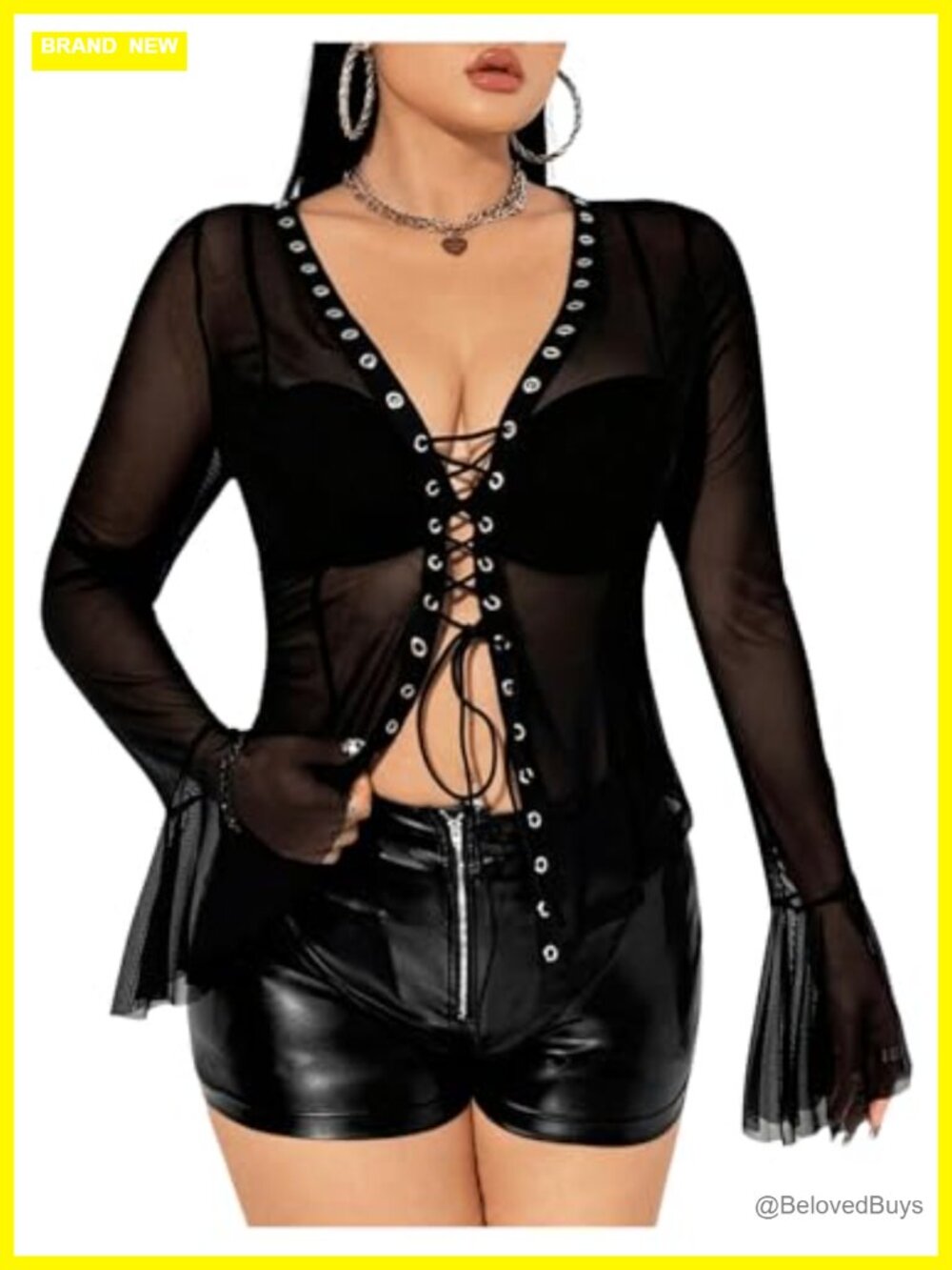 Plus Size Y2k Grunge Punk Mesh Shirt Gothic Sheer Lace Up Long Sleeve Party Top